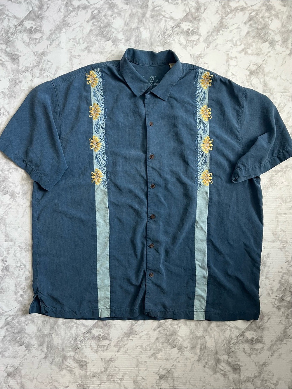Tommy Bahama Mens 100% Silk Short Sleeve Shirt XXL Blue Yellow Floral Embroidery - Picture 3 of 8
